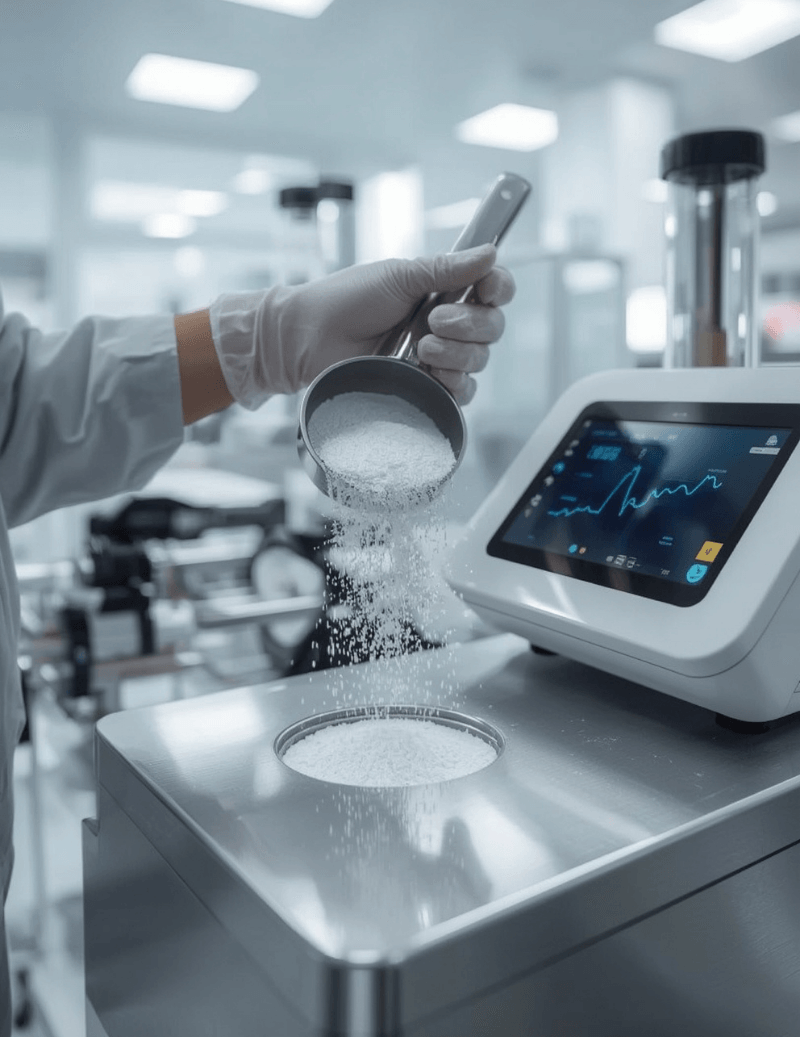 Bentonite R&D Lab A lab technician's gloved hand pours white bentonite powder into a digital analysis machine for a quality control test in a sterile laboratory. Made with AI
