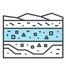 Icon of a shield containing abstract geometric geological layers with a mineral seam, representing strategic bentonite mining resources and purity. Made with AI