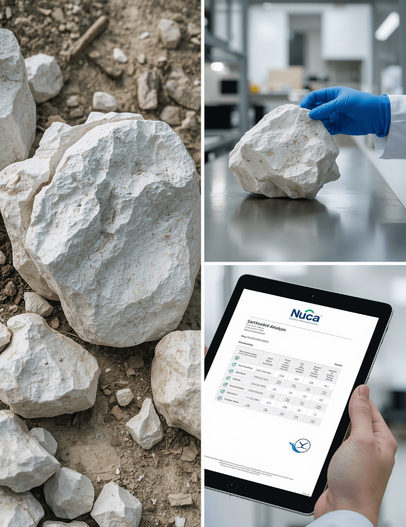 bentonite-mine-lab-operation-2 A triptych image illustrating Nuca's quality assurance journey for bentonite: from selecting raw white bentonite rocks at the mine, to a lab technician analyzing a sample, and finally viewing the official Nuca Certificate of Analysis on a tablet.