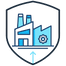 Icon of a shield containing a modern industrial building, symbolizing corporate and trustworthy industrial operations. Made with AI