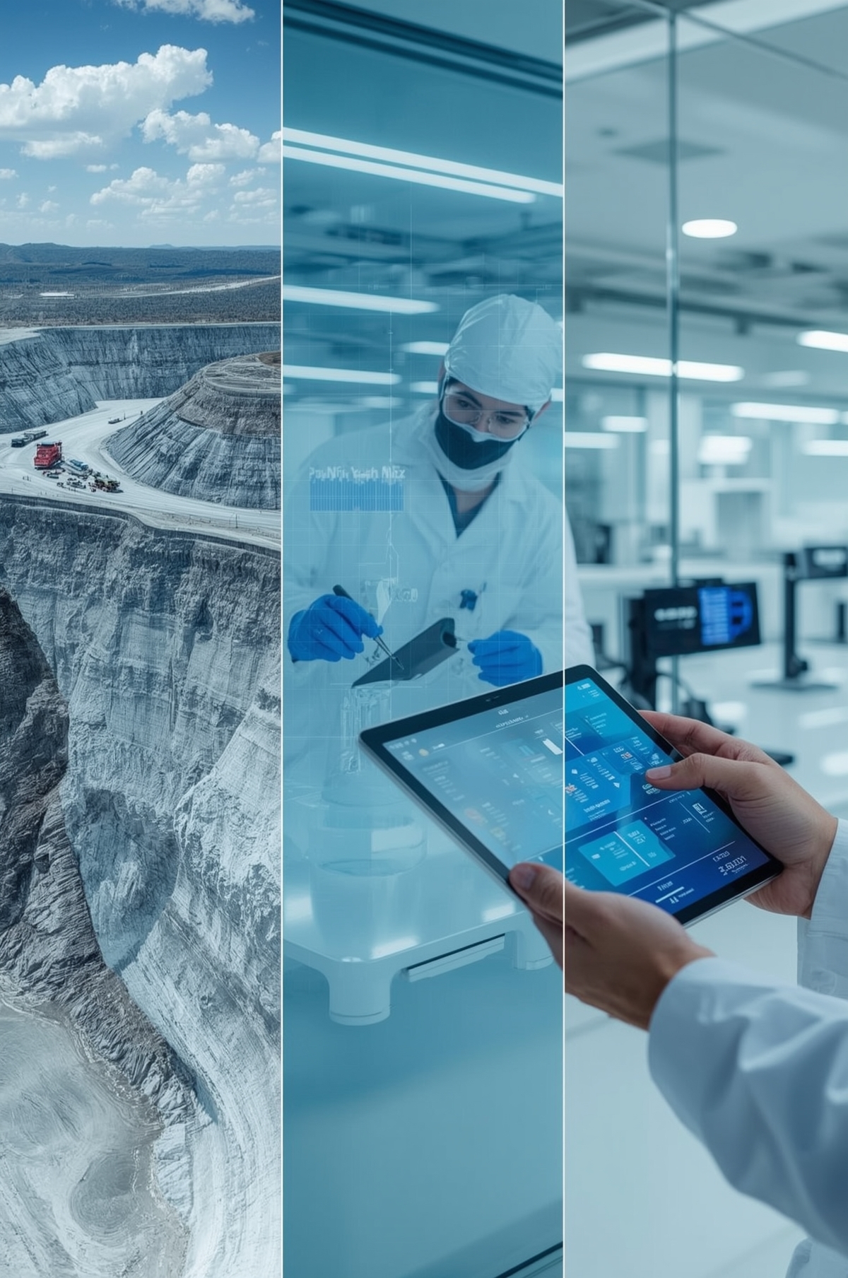 Innovation in Industry: Connecting Mining Extraction with High-Tech Bentonite Lab Research A three-panel composite image illustrating the journey from bentonite raw material extraction at a large open-pit mine, to a scientist analyzing samples in a lab, and finally to digital process control on a tablet.