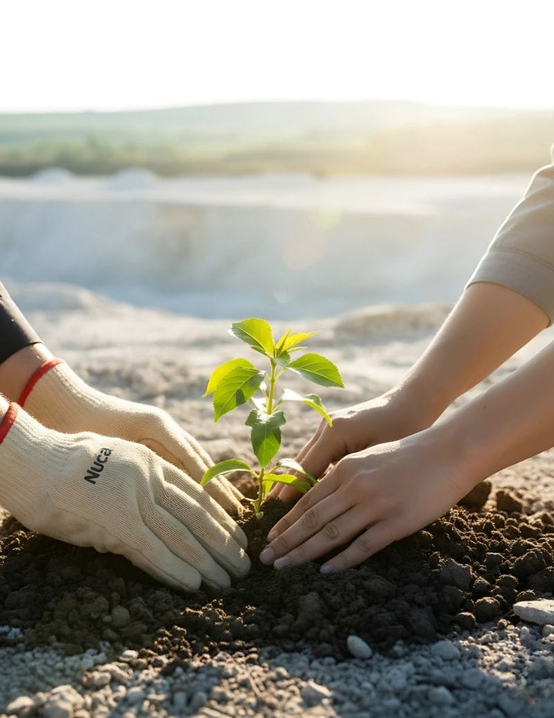 Nuca Bentonite's Reforestation Partnership with TEMA Foundation A close-up image of two people's hands planting a tree sapling together, symbolizing Nuca's reforestation partnership and commitment to sustainability.
