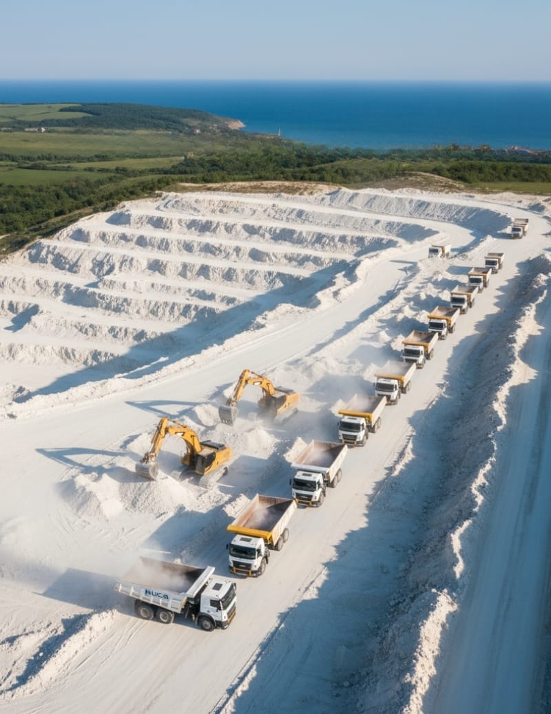 NUCA | High-Capacity Bentonite Production Facilities Aerial view of NUCA's modern bentonite quarry by the sea, showing excavators loading raw material into a fleet of trucks.