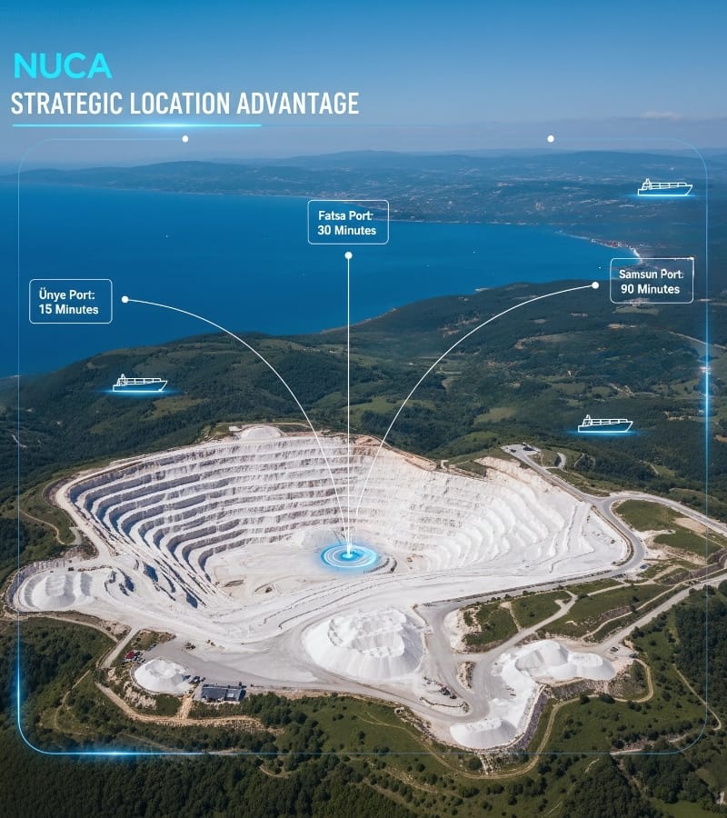 Strategic Location & Logistics Advantage | NUCA's Mining Operations Infographic showcasing NUCA's strategic location advantage, with an aerial view of the mine and its proximity to the ports of Ünye (15 min), Fatsa (30 min), and Samsun (90 min).