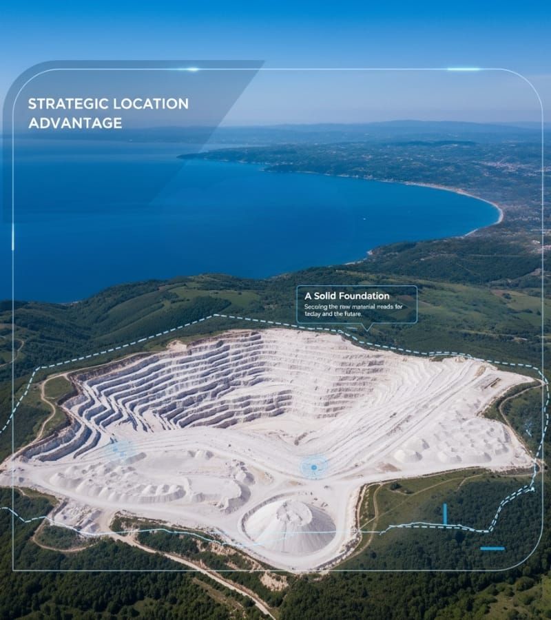 A Solid Foundation for the Future | NUCA Strategic Mine Sites Aerial view of NUCA's strategically located bentonite mine site, with the text "A Solid Foundation: Securing the new material needs for today and the future.