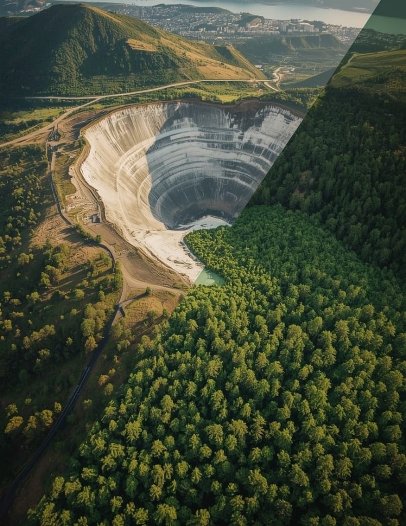 A Vision for Reclamation | NUCA Sustainable Mining Conceptual image of a vast open-pit mine being reclaimed by a lush green forest, symbolizing NUCA's commitment to ecological restoration and sustainable mining.