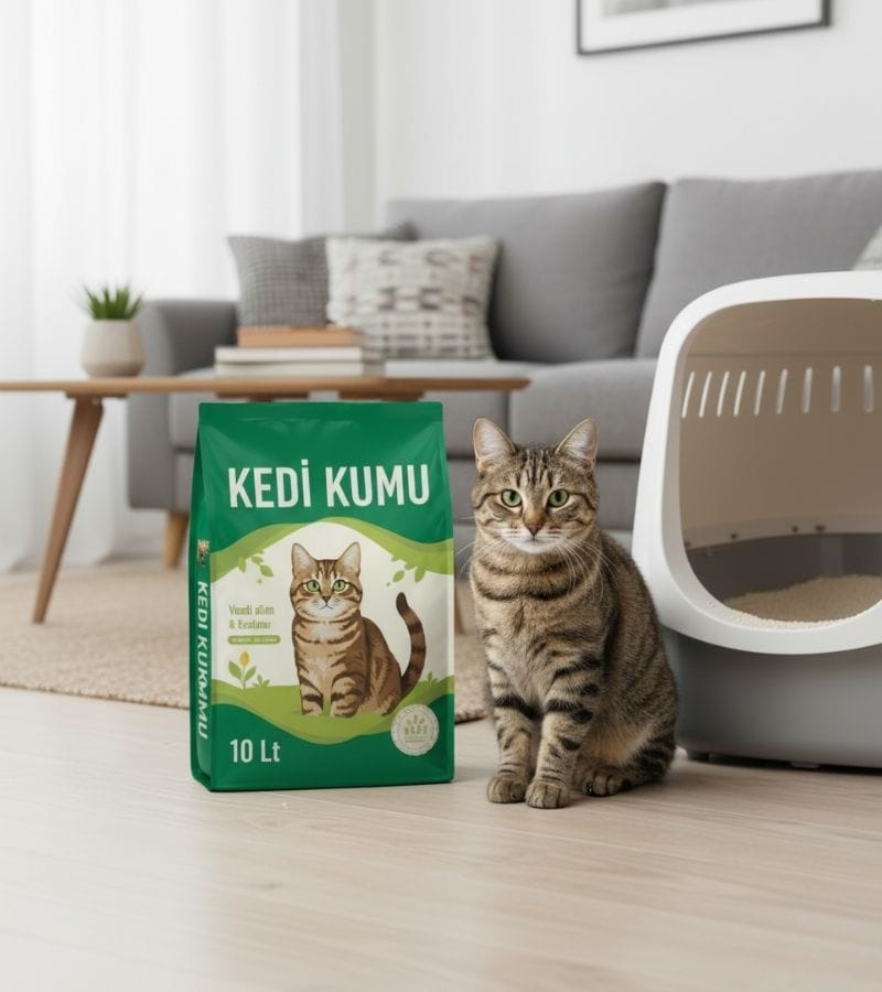 yeni kedi kumu örnek markası ambalajı ve yanında tekir cins bir kedi onun yanında içi bentonit kedi kumu dolu bir kedi tuvaleti